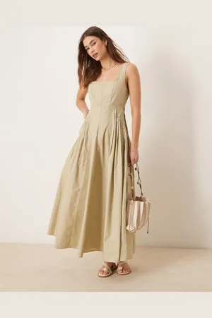 ASOS – Midikleid in Kittbeige mit U-Ausschnitt und Falten in der Taille