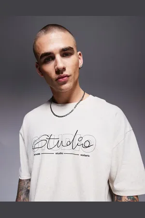 ASOS – Oversize-T-Shirt aus Leinenmix in Creme mit Text-Grafikprint