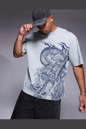 River Island – T-Shirt in Hellgrau mit japanischer Drachen-Stickerei