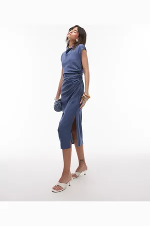 MANGO – Midikleid in Petrolblau mit Kappärmeln und geraffter Seite