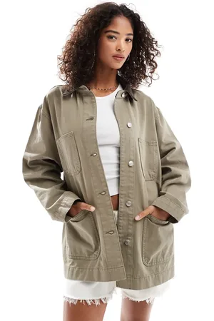 ASOS – Farmerjacke aus Denim in Khaki mit Kontrastkragen