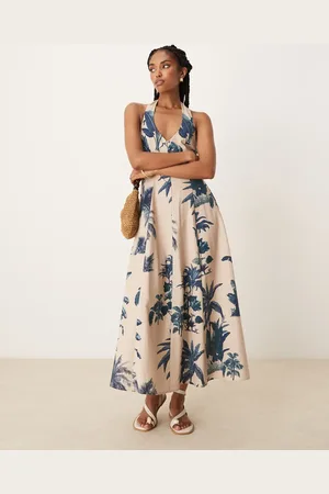 ASOS – Neckholder-Midikleid mit Palmenmuster und Godet-Saum