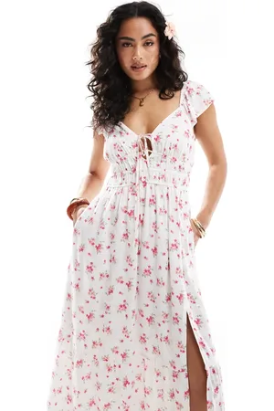 Hollister – Kurzärmliges Midikleid in mit Blumenmuster, Milchmädchen-Ausschnitt und Schlitz