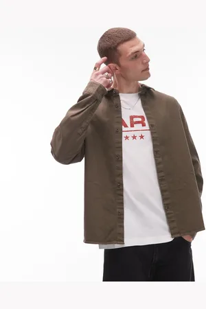 Topman – Langärmlige Hemdjacke aus gewaschenem Canvas in Khaki
