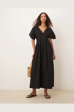 ASOS – Kurzärmliges Midikleid in mit V-Ausschnitt und schmalen Biesen