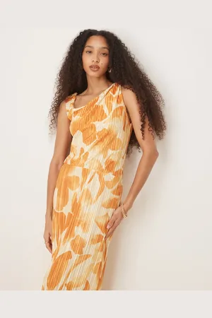 ASOS – Plissiertes Midikleid in Orange mit Blumenmuster und abfallender Schulterpartie