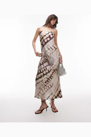 Topshop – Trägerloses Maxi-Schlupfkleid aus Satin mit abstraktem Animalprint