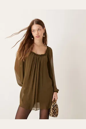 ASOS – Mini-Hängerkleid in Khaki mit Rüschen am Ausschnitt