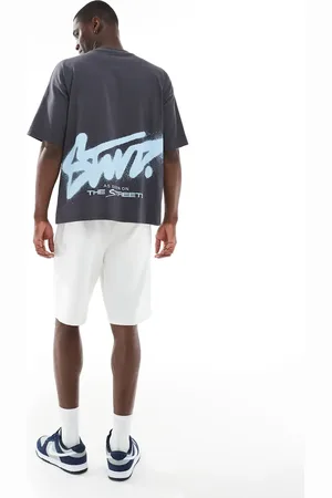 Pull&Bear – T-Shirt in Anthrazit mit „STWD“-Graffiti-Print auf dem Rücken