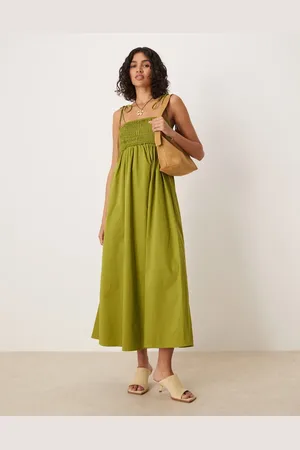 ASOS – Midikleid aus Baumwollpopeline in Khaki mit gesmoktem Bustier