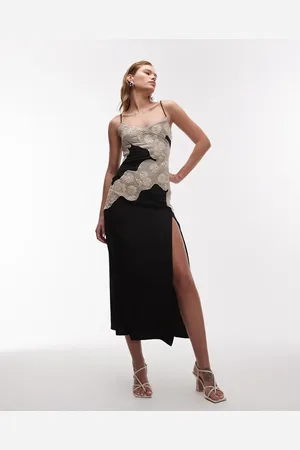 Topshop – Midi-Trägerkleid in mit Kontrast-Einsatz aus Bast