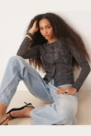 ASOS – Transparentes Netzstoff-Oberteil in Petrolblau mit knappem Schnitt, durchgehender Knopfleiste und beflocktem Blumenmuster