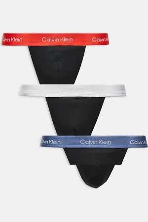 Calvin Klein – Icon Cotton Stretch – 3er-Pack String-Tangas in mit Bund in Rot/Blau