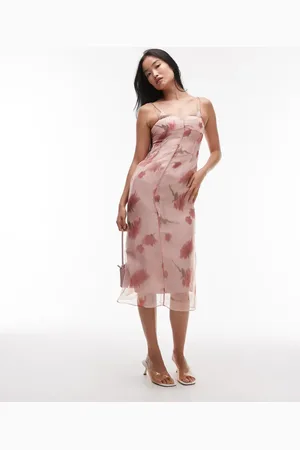 MANGO – Zweilagiges Midikleid in Pastellrosa mit V-Ausschnitt