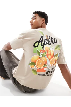 ASOS – Boxy Fit Oversize-T-Shirt in Beige mit Drink-Grafik