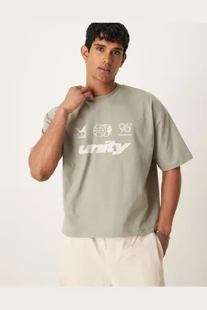 ASOS – Kastiges Oversize-T-Shirt in Graugrün mit Grafikprint vorne auf Brusthöhe