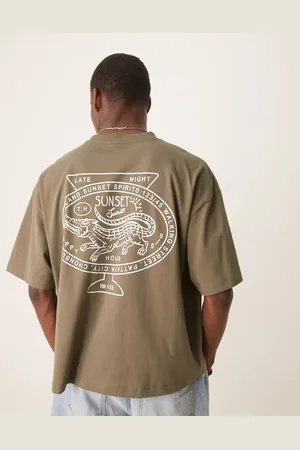 ASOS – Kastiges Oversize-T-Shirt in Khaki mit City-Grafikprint auf der Rückseite