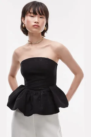& OTHER STORIES – Trägerloses Brokat-Oberteil in Schwarz mit Metallic-Blumenmuster und Ballonsaum