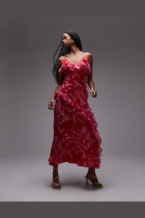 Topshop – Midi-Trägerkleid in mit Rüschen und abstraktem Blumenmuster
