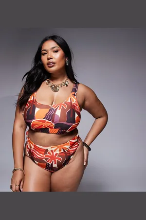 ASOS ASOS DESIGN Curve – Ava – Bikinihose mit hohem Bund, hohem Beinausschnitt und tropischem Muster