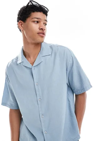 Pull&Bear – Hemd mit hohem Leinenanteil in Petrolblau mit Reverskragen