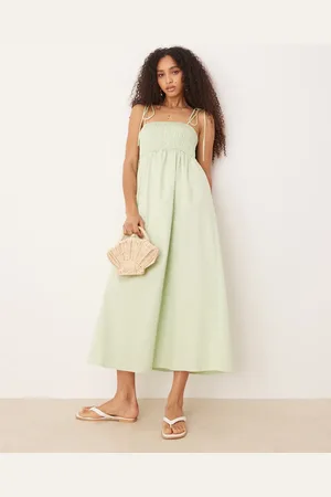 ASOS – Midikleid aus Baumwoll-Popeline in Salbeigrün mit gesmokter Brustpartie