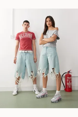 Weekday – Unisex-Jeansshorts in blauer Waschung mit extremer Oversize-Passform im Used-Look