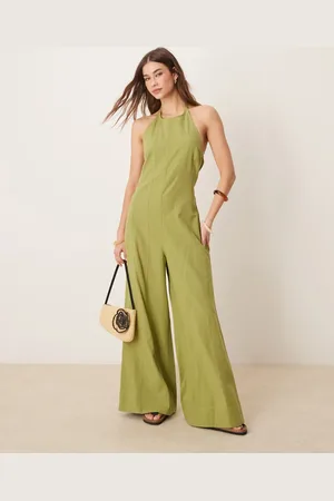 ASOS – Jumpsuit in Salbeigrün mit weitem Bein, Neckholder und Ziernähten