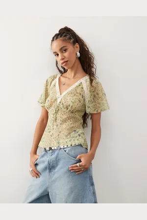 Reclaimed – Freizeit-Top in Grün mit Spitzenborte und Paisleymuster