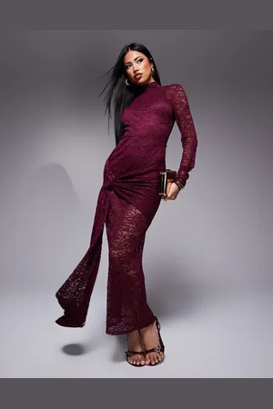 ASOS – Langärmliges Midikleid aus Spitze in Burgunderrot mit Rückenausschnitt und Wickeldesign