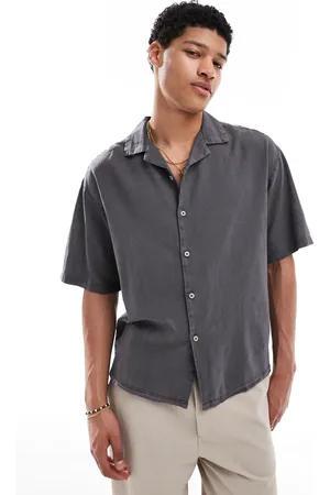 Pull&Bear – Hemd mit hohem Leinenanteil in Anthrazit