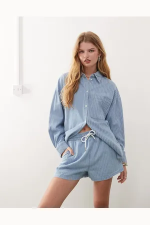 Noisy May – Jeanshorts zum Hineinschlüpfen in Hellblau gestreift, Kombiteil