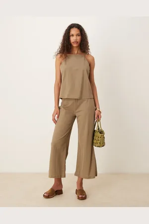 MANGO – Weit geschnittene Leinenmix-Hose in Beige mit elastischem Bund, Kombiteil