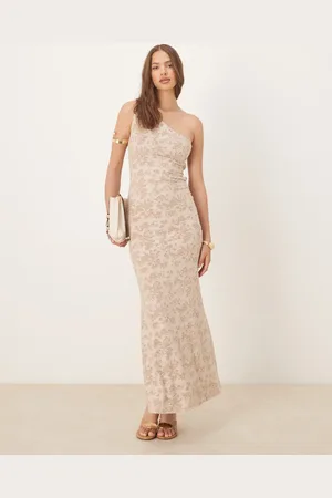 ASOS – Hinten gebundenes Maxikleid aus leichtem Samt in Steinbeige mit Ausbrennermuster und One-Shoulder-Träger