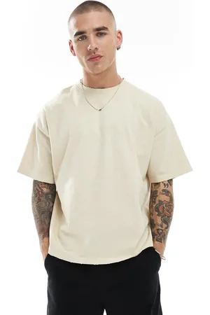 Pull&Bear – Destroyed – Kastiges T-Shirt in Sand mit Print