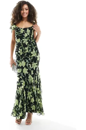 ASOS – Maxikleid mit Blumenprint in Schwarz und Grün, Flügelärmeln und U-Ausschnitt