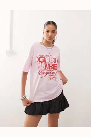 Noisy May – Oversize-T-Shirt in Hellrosa mit „Good Vibes“-Grafik