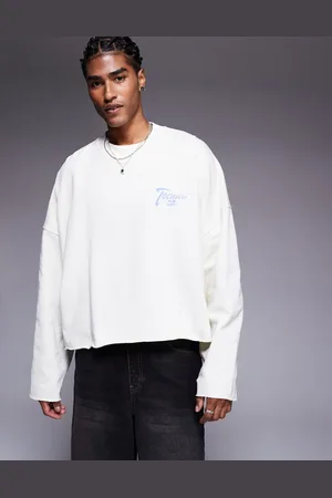 ASOS – Cropped Oversize-Sweatshirt in Weiß mit offenem Saum und Brustprint