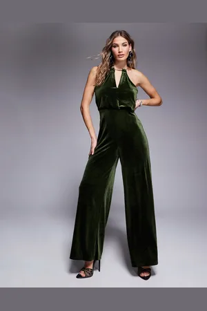 River Island – Jumpsuit aus Samt in Olivgrün