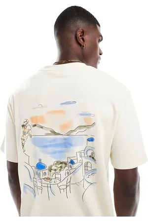 JACK & JONES – Schweres Oversize-T-Shirt in Creme mit Mykonos-Rückenprint