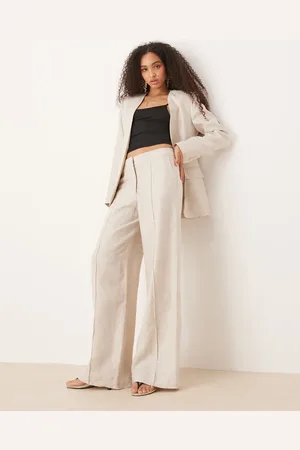 MANGO – Leinenmix-Hose in Hellbeige mit geradem Schnitt und mittelhohem Bund, Kombiteil