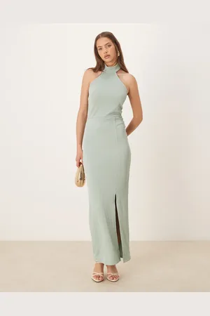 VILA – Strukturiertes Jersey-Maxikleid in Staubgrün mit Neckholder