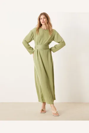 ASOS – Satin-Maxikleid in Salbeigrün mit gebundener Rückseite