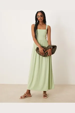 ASOS – Midikleid in Salbeigrün mit eckigem Ausschnitt