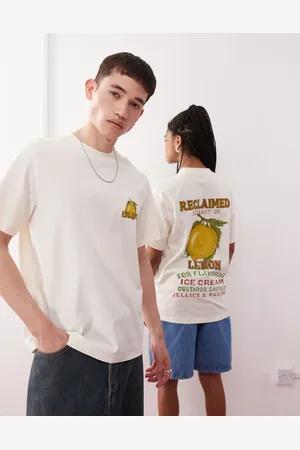 Reclaimed – Kastiges Unisex-T-Shirt in Wollweiß mit Zitronen-Grafikprint