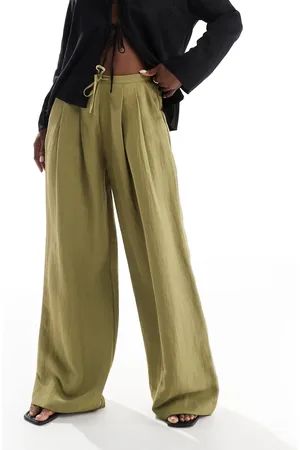 Stradivarius – Hose in Limettengrün mit Knitterstruktur und weitem Bein