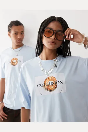COLLUSION – Blue – Kastiges Skater Fit T-Shirt in mit Pfannkuchen-Print