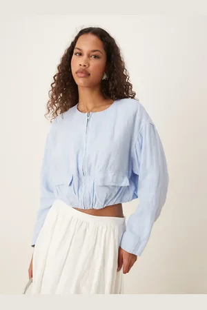 MANGO – Cropped Utility-Jacke aus Leinen in Himmelblau