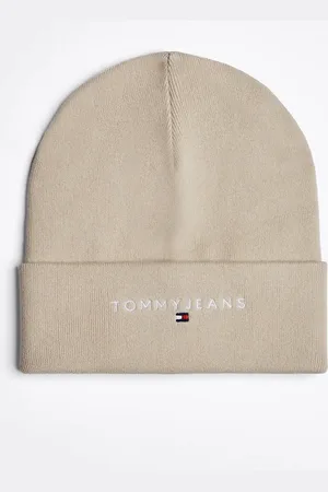 Tommy Hilfiger – Strickmütze in Beige mit Logo-Stickerei