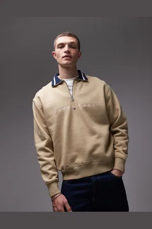 Tommy Hilfiger – Sweatshirt in Beige mit linearem Logo und kurzem Reißverschluss